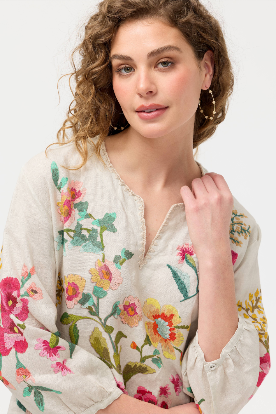 Johnny Was Split Neck Linen Blouse