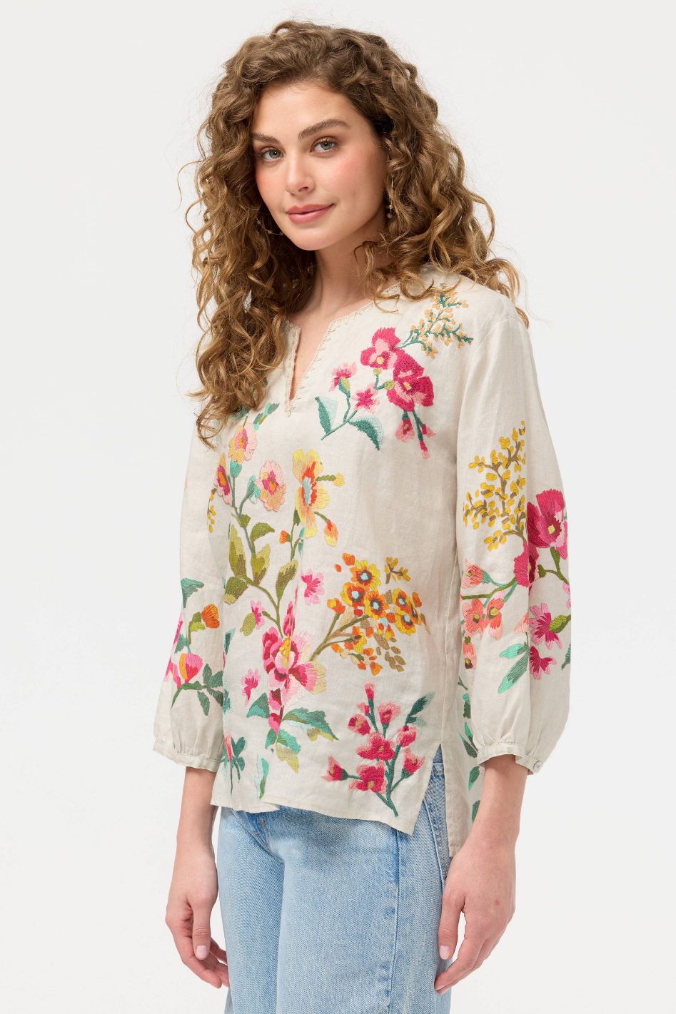 Johnny Was Split Neck Linen Blouse