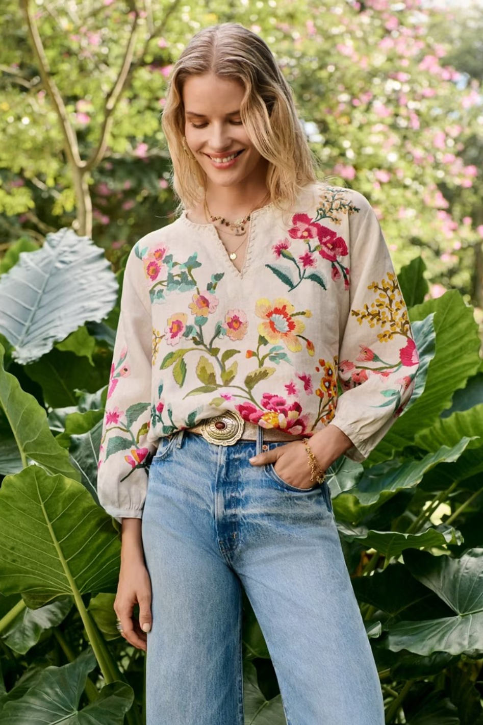 Johnny Was Split Neck Linen Blouse