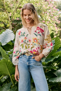 Johnny Was Split Neck Linen Blouse | Miraze | Ecru | J10426-1