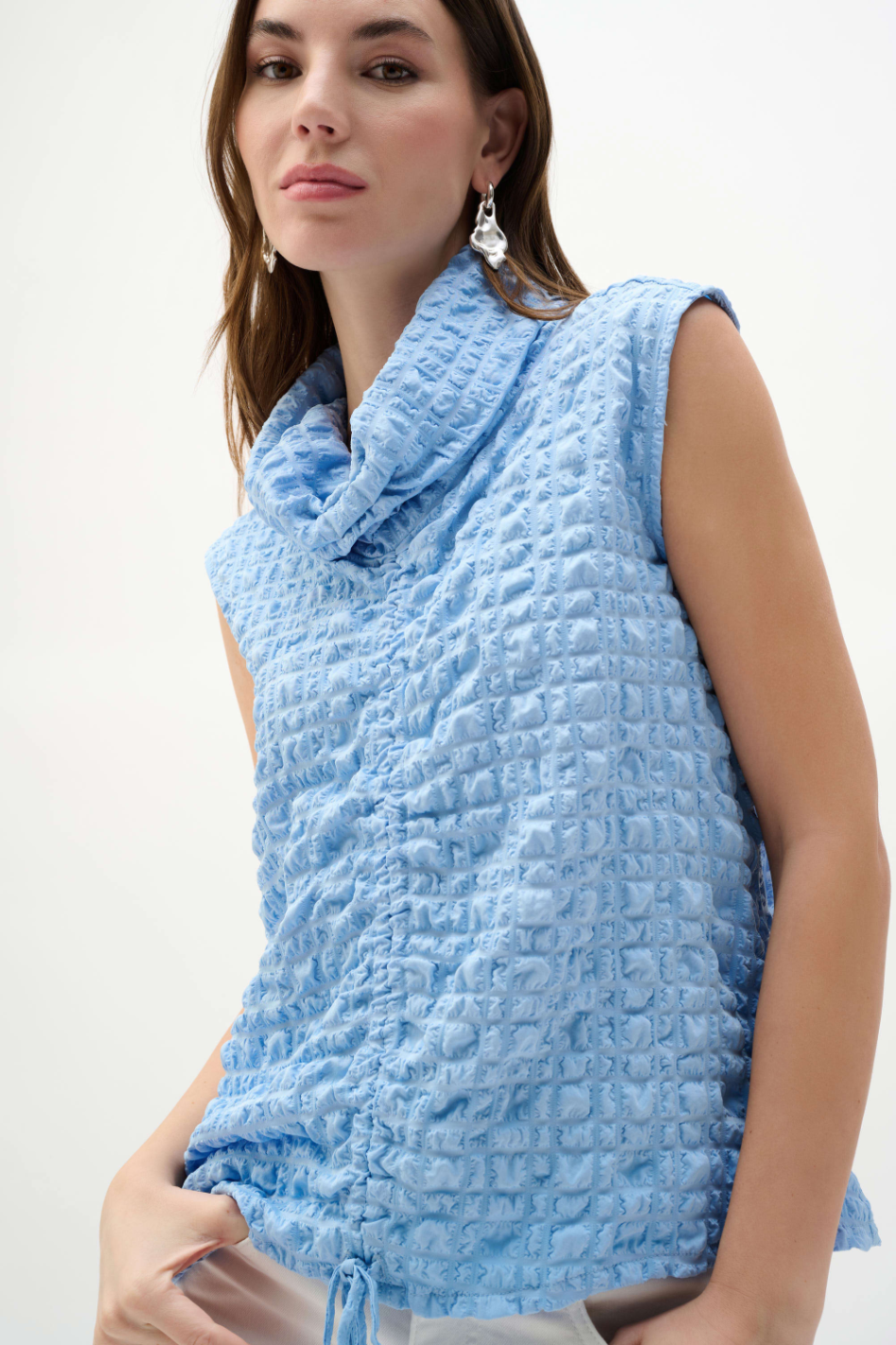 Joseph Ribkoff Bubble Jacquard Top With Cowl Collar in Sky Blue