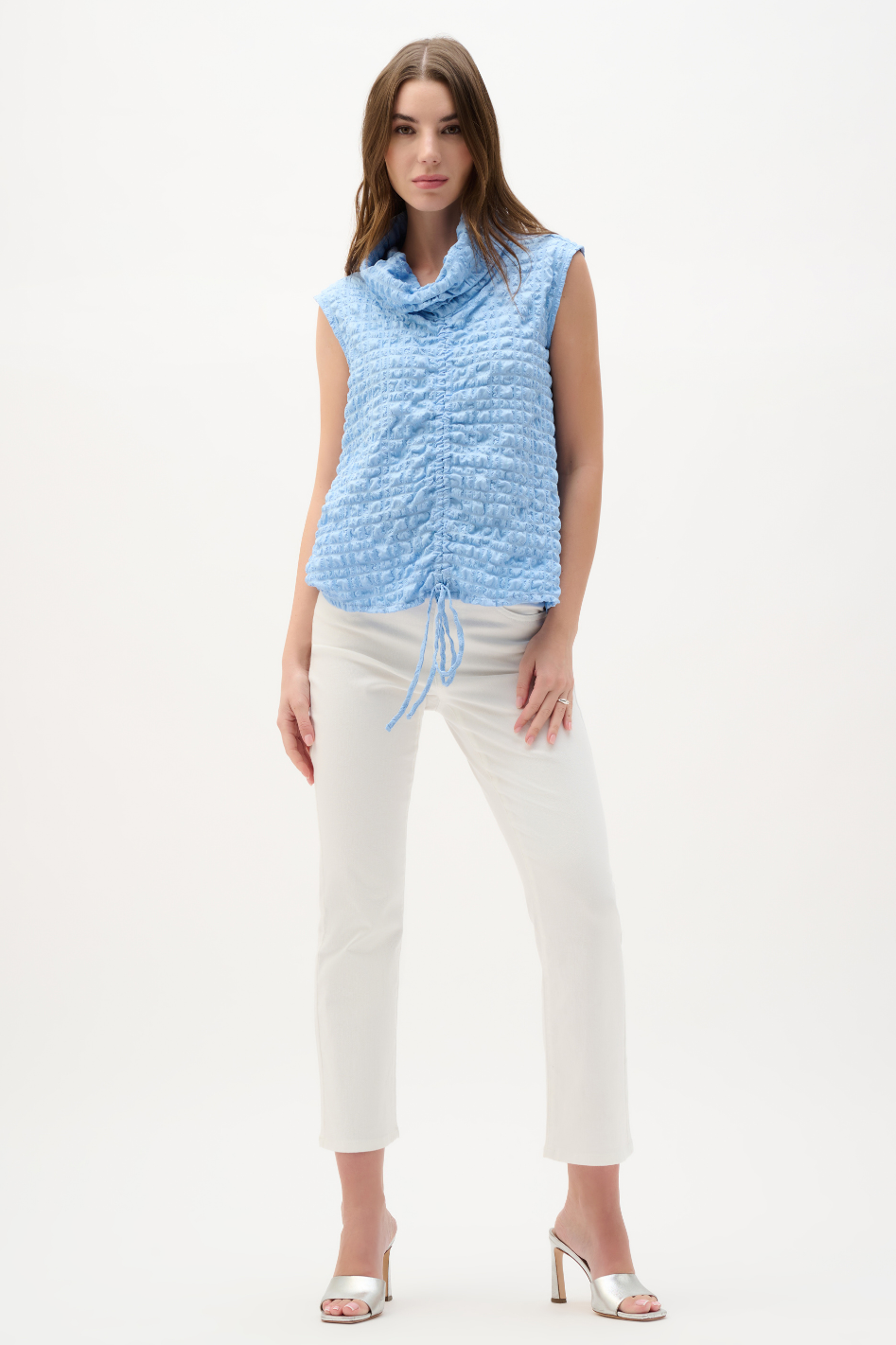 Joseph Ribkoff Bubble Jacquard Top With Cowl Collar in Sky Blue