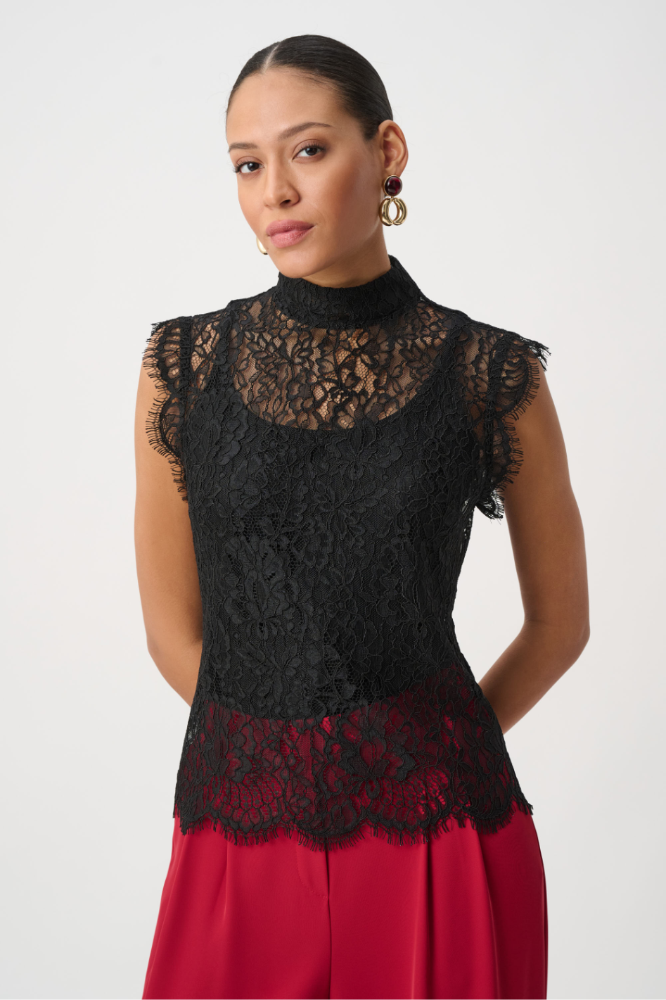 Joseph Ribkoff Lace Mock Neck Fitted Top in Black