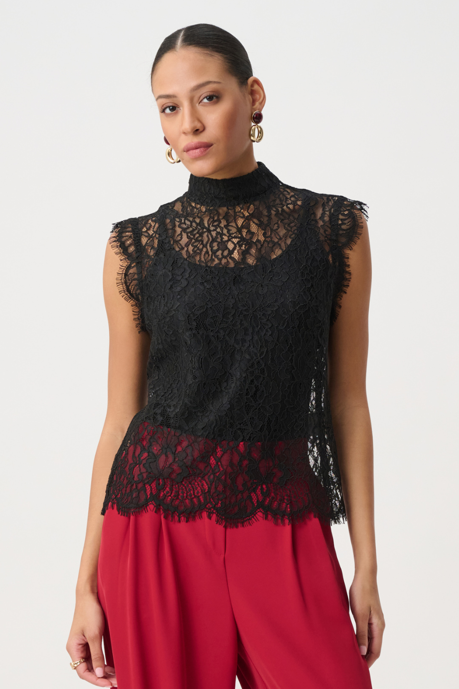 Joseph Ribkoff Lace Mock Neck Fitted Top in Black