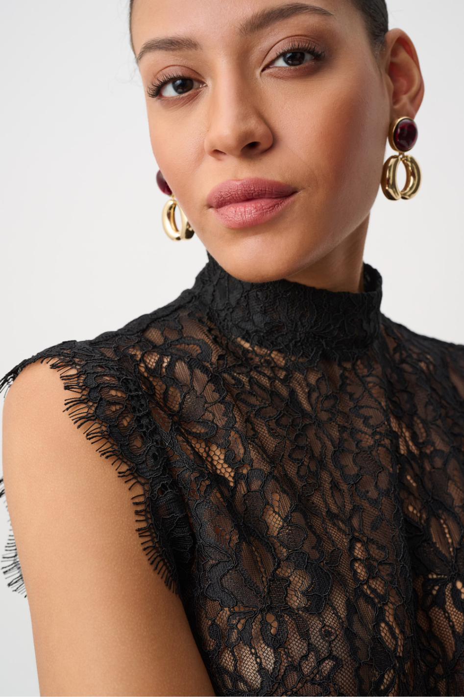 Joseph Ribkoff Lace Mock Neck Fitted Top in Black