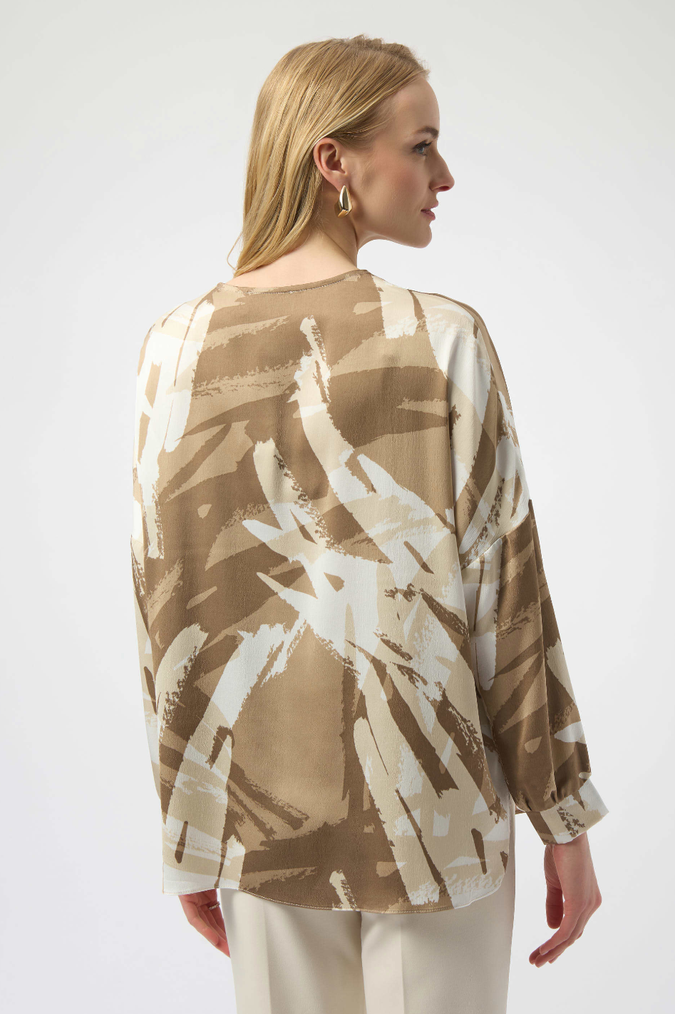 Joseph Ribkoff Satin Abstract Print Tunic with Zipper in Beige and Off-White 