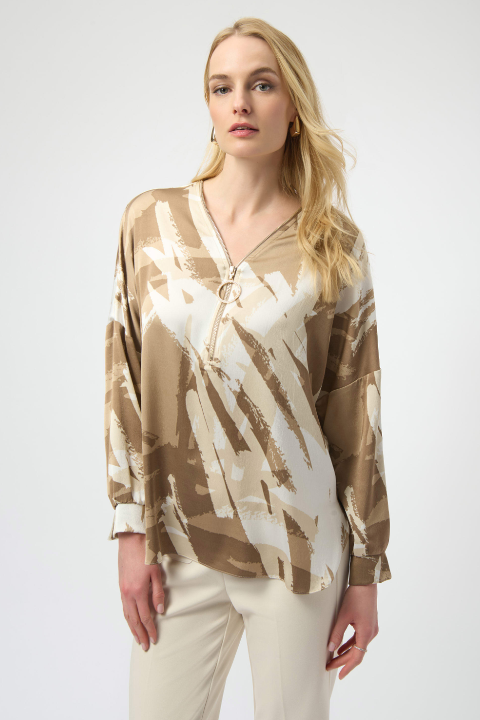 Joseph Ribkoff Satin Abstract Print Tunic with Zipper in Beige and Off-White 