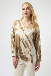 Joseph Ribkoff Satin Abstract Print Tunic w Zipper | Beige/Off-White | 254193