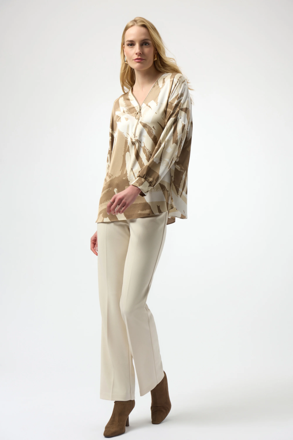 Joseph Ribkoff Satin Abstract Print Tunic with Zipper in Beige and Off-White 