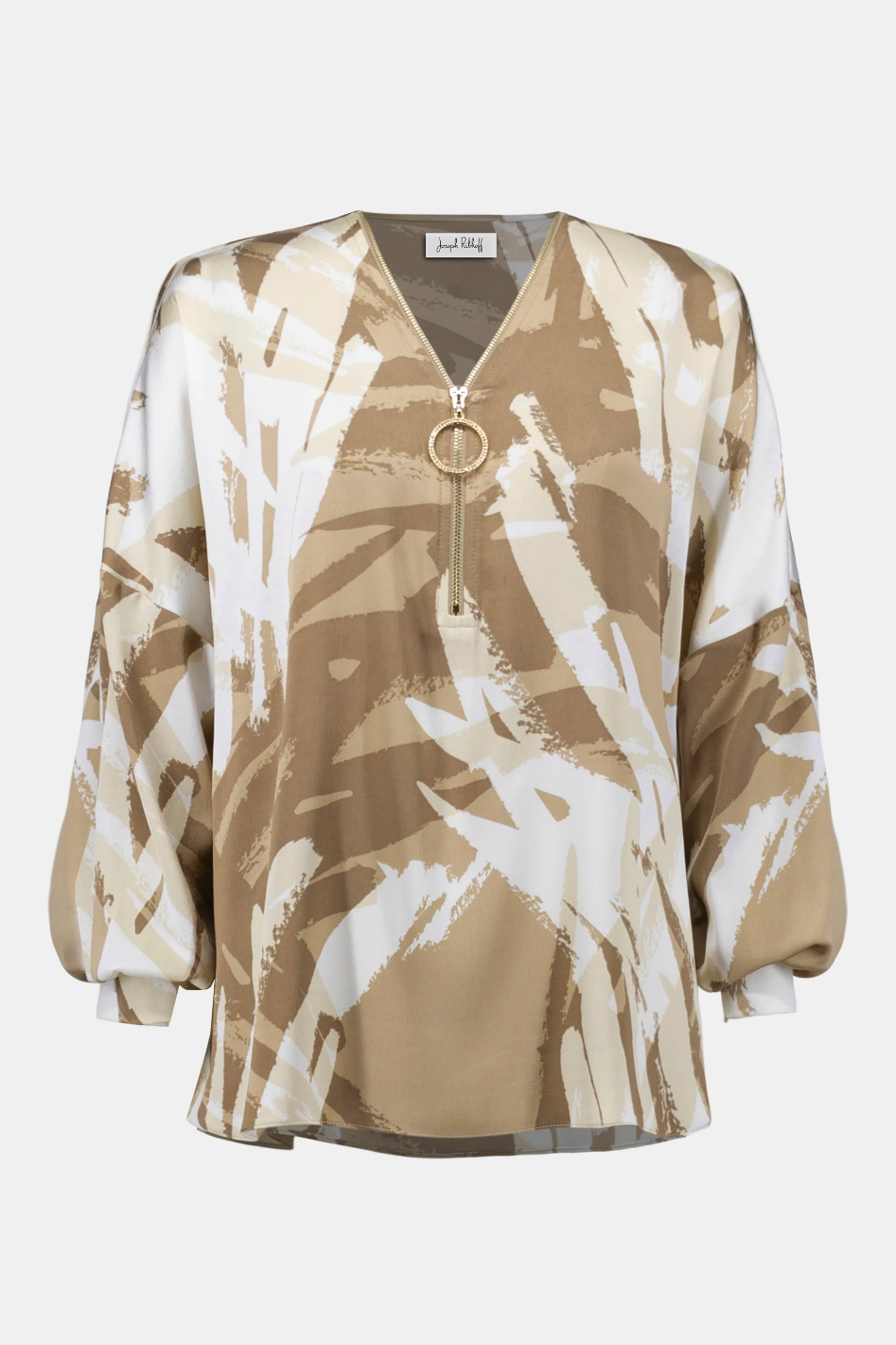 Joseph Ribkoff Satin Abstract Print Tunic with Zipper in Beige and Off-White 
