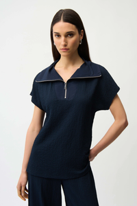Joseph Ribkoff Seersucker Boxy Top With Memory Collar | Midnight Blue | 261017