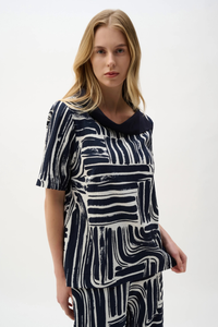 Joseph Ribkoff Seersucker & Georgette Abstract Print Top | Vanilla/Midnight Blue | 262162