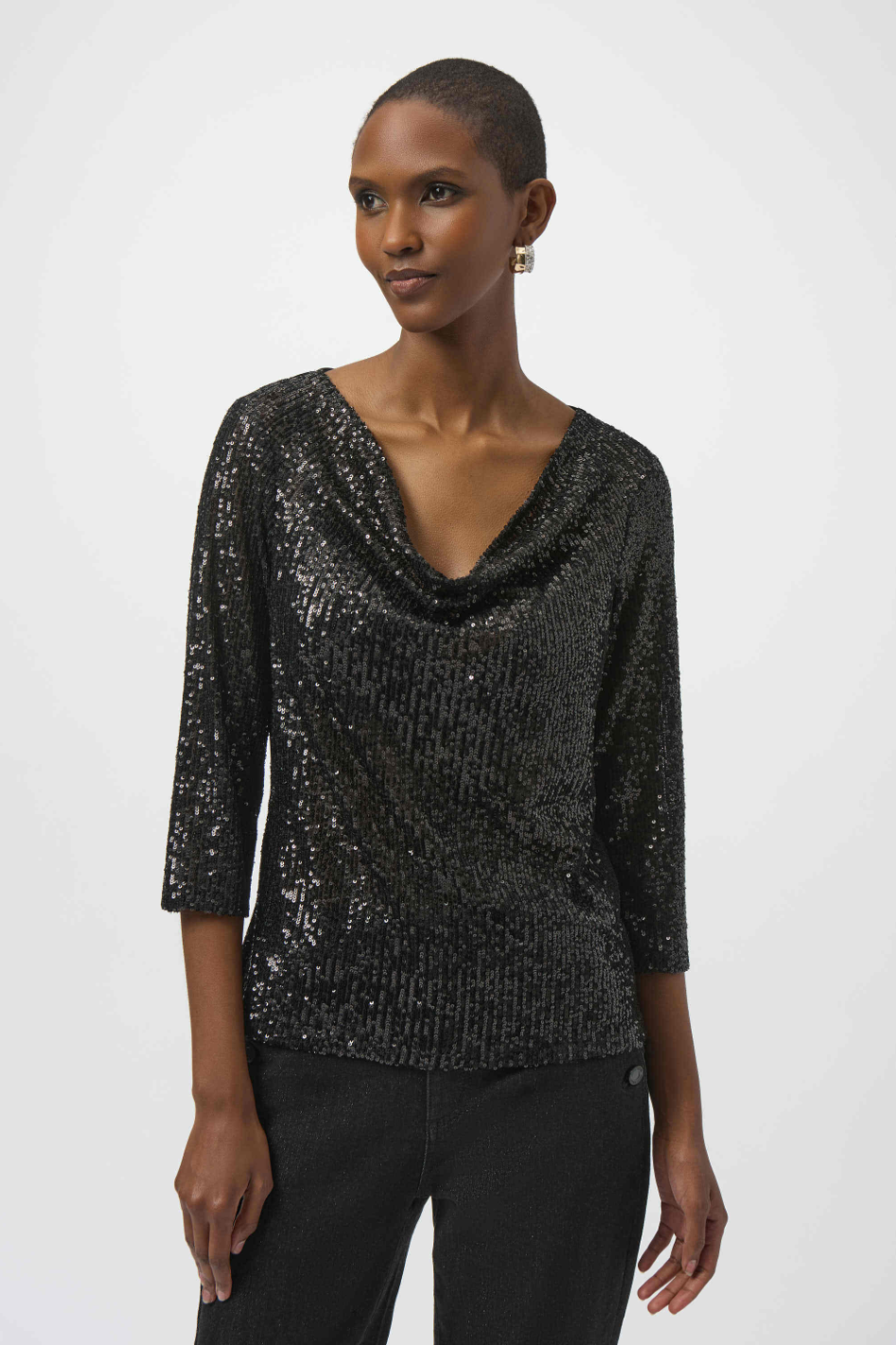 Joseph Ribkoff Sequined Knit and Silky Knit Straight Top in Black