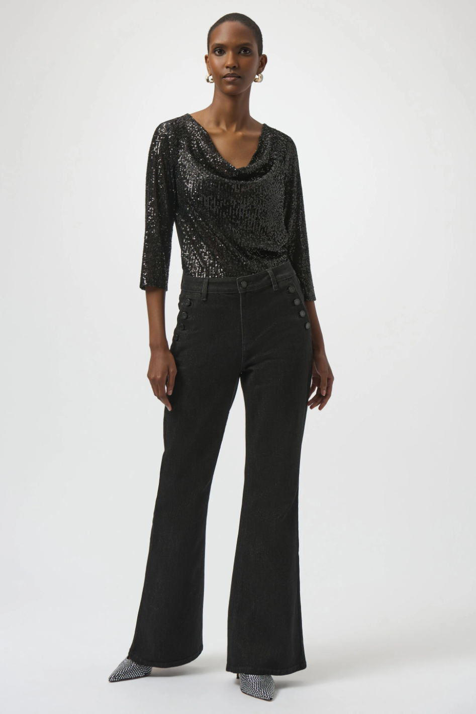 Joseph Ribkoff Sequined Knit and Silky Knit Straight Top in Black