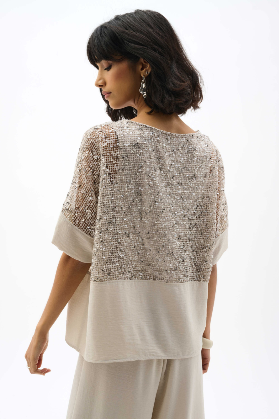 Joseph Ribkoff Sequined Mesh and Gauze Boxy Top 