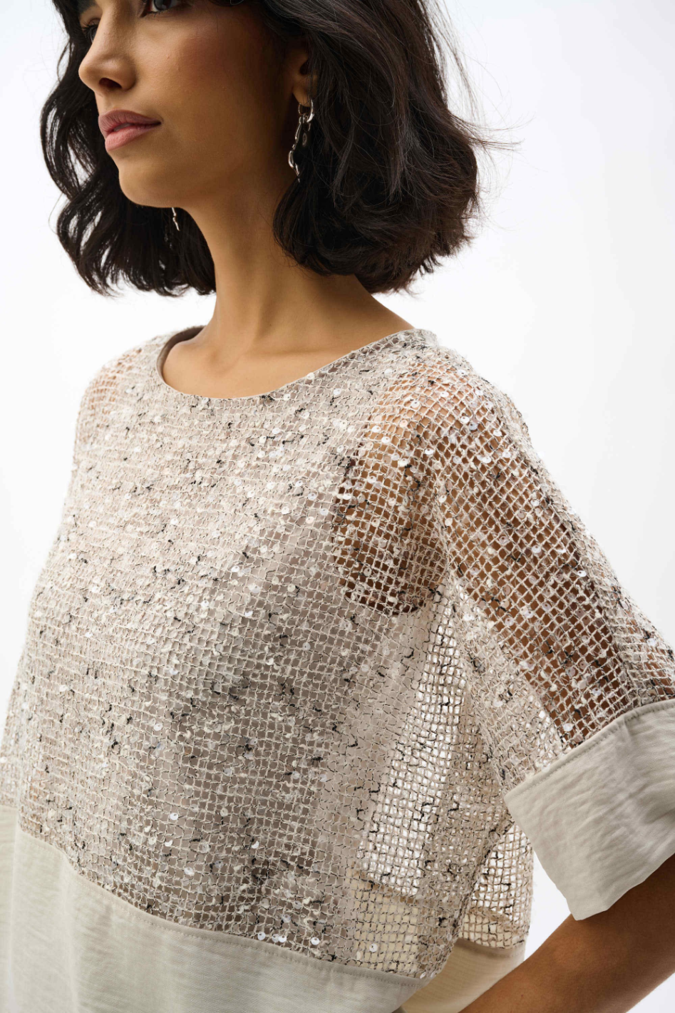 Joseph Ribkoff Sequined Mesh and Gauze Boxy Top 