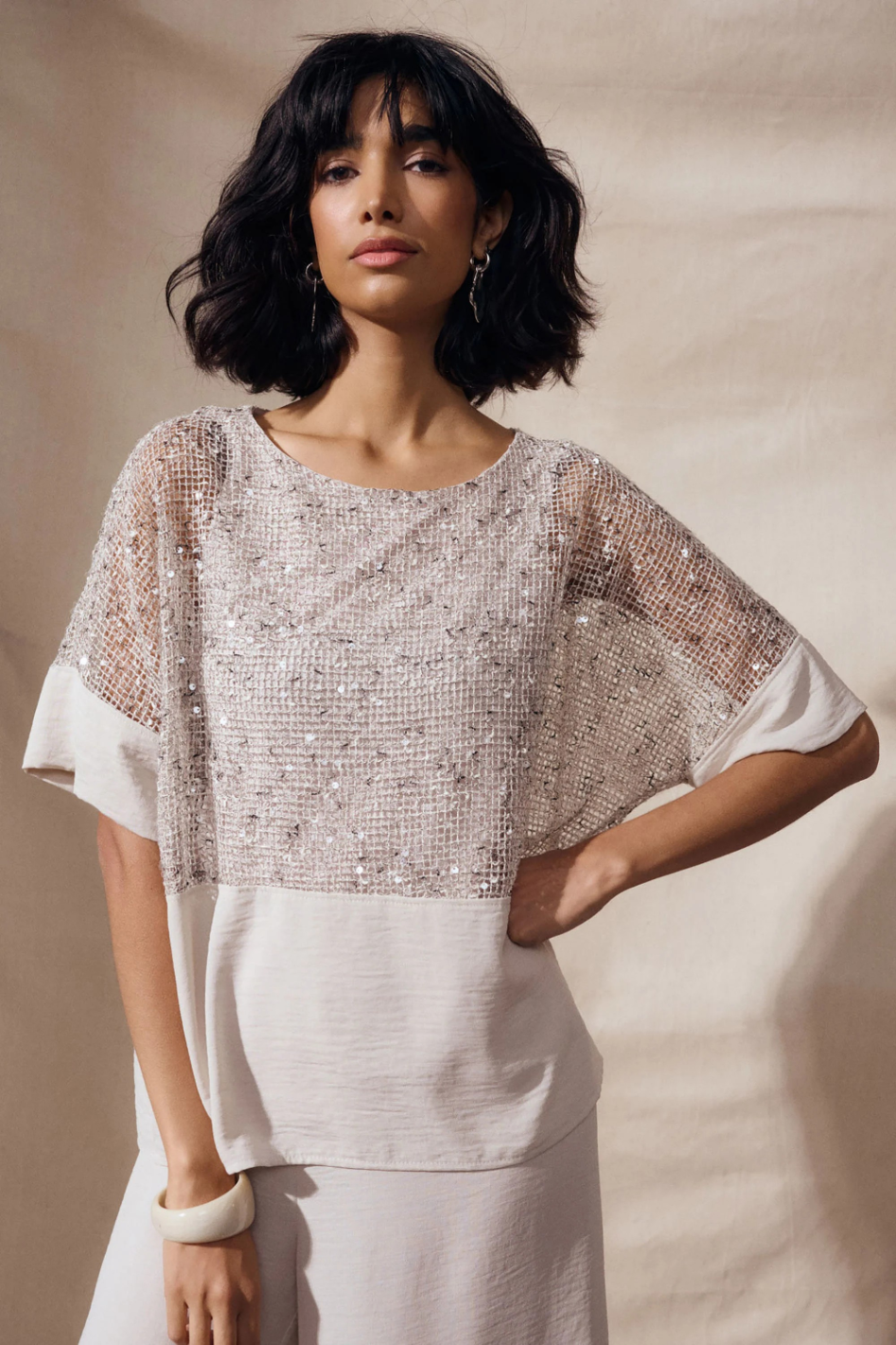 Joseph Ribkoff Sequined Mesh and Gauze Boxy Top 