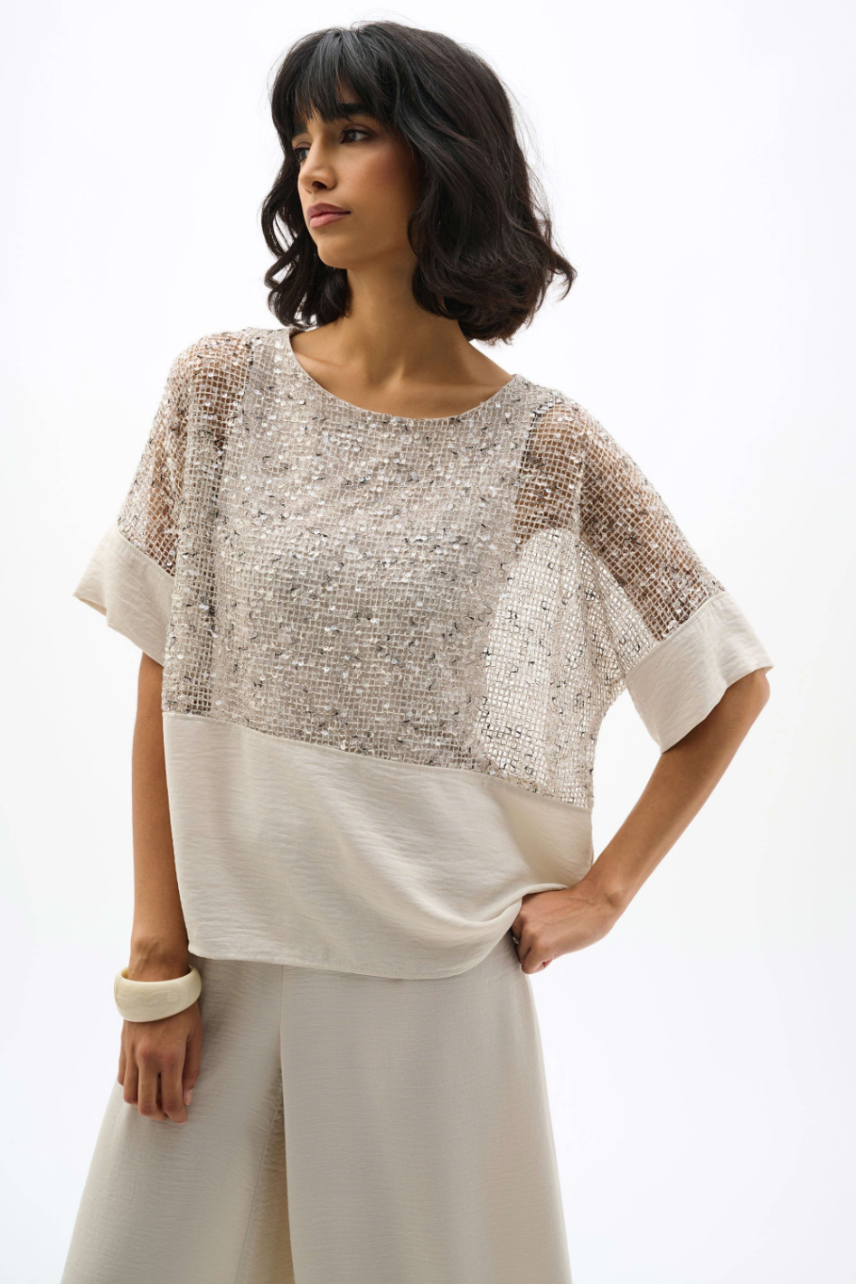 Joseph Ribkoff Sequined Mesh and Gauze Boxy Top 