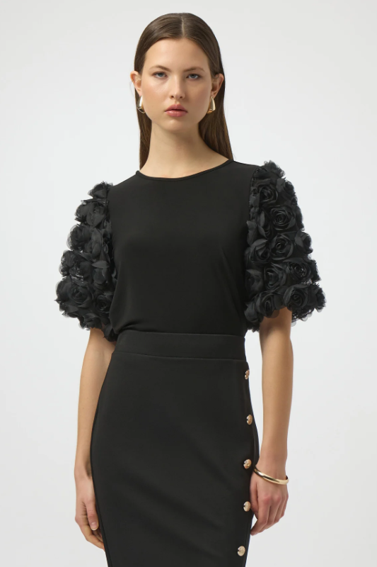 Joseph Ribkoff Silky Knit Top With Rosette Embroidered Sleeves | 254064