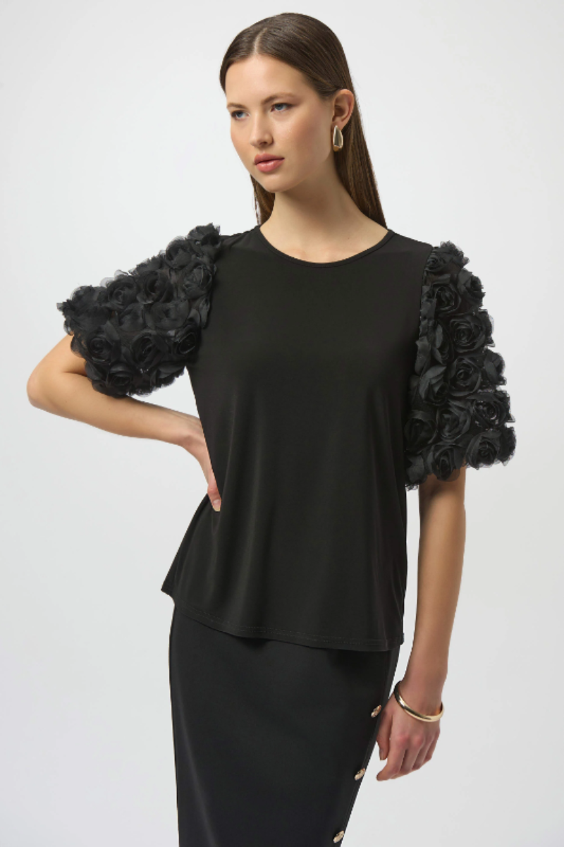 Joseph Ribkoff Silky Knit Top With Rosette Embroidered Sleeves | 254064