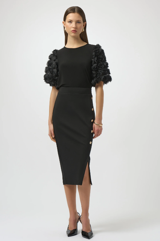 Joseph Ribkoff Silky Knit Top With Rosette Embroidered Sleeves | 254064