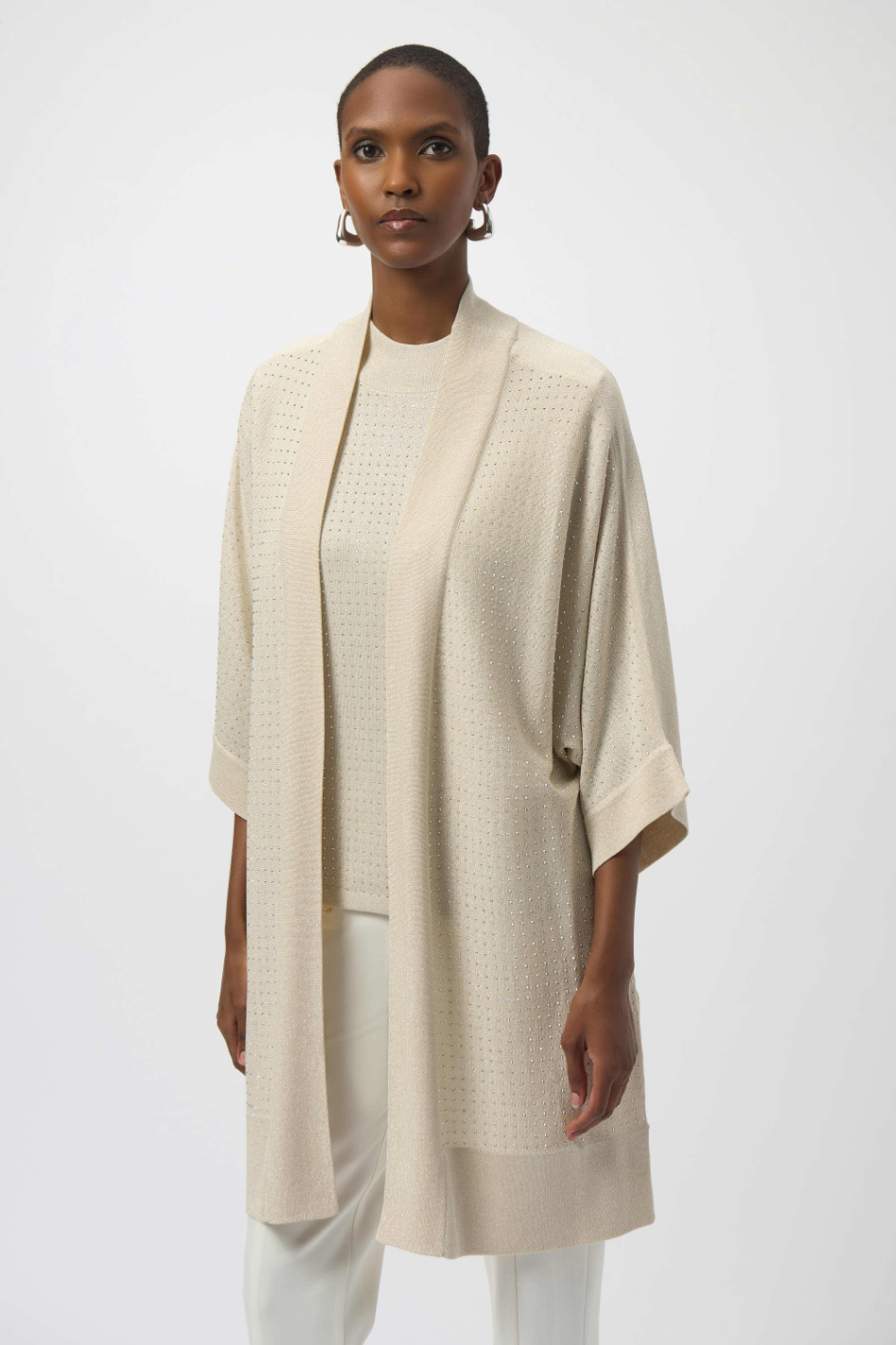 Joseph Ribkoff Sweater Knit Cover-Up with Iron-On Detail | Birch/Silver | 254937