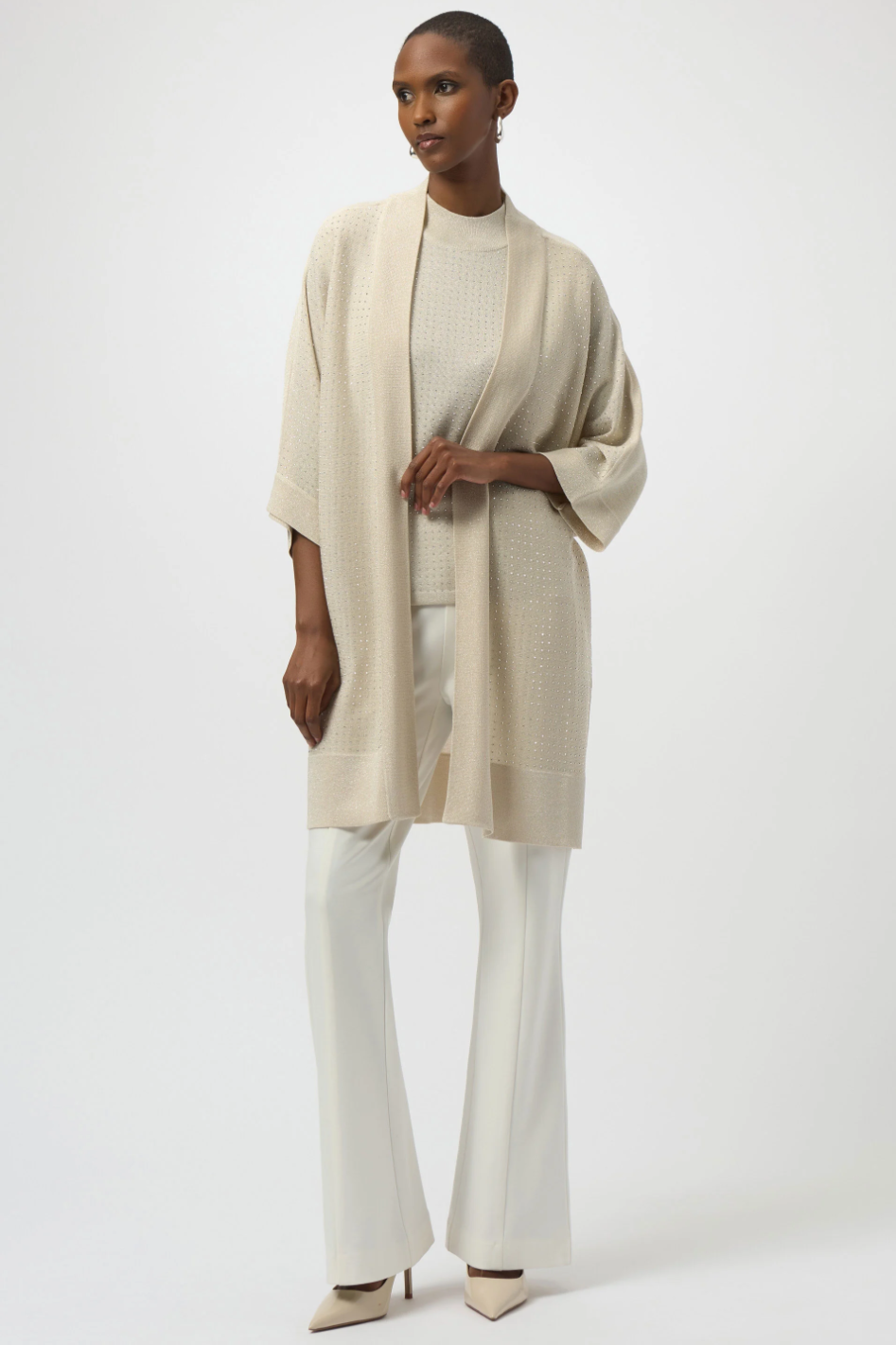 Joseph Ribkoff Sweater Knit Cover-Up with Iron-On Detail | Birch/Silver | 254937