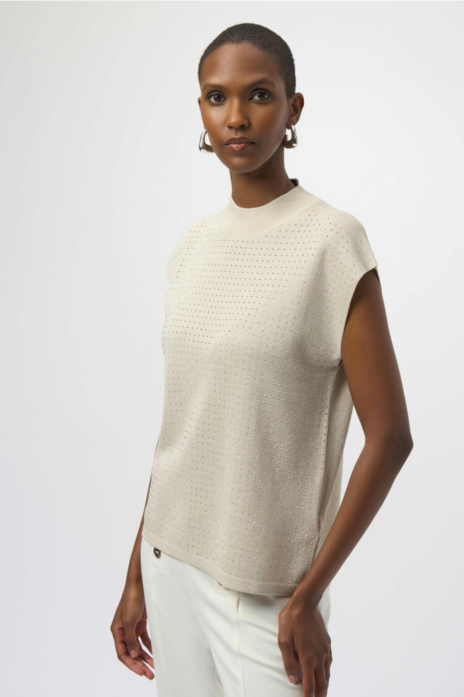 Joseph Ribkoff Sweater Knit Sleeveless Pullover with Iron-On Detail | Birch/Silver | 254935