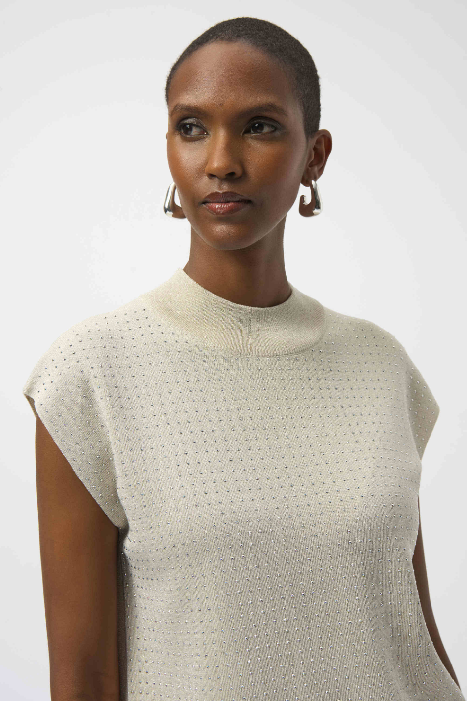 Joseph Ribkoff Sweater Knit Sleeveless Pullover with Iron-On Detail | Birch/Silver | 254935