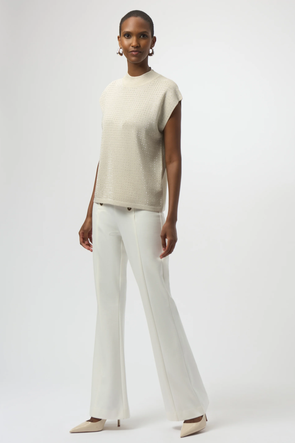 Joseph Ribkoff Sweater Knit Sleeveless Pullover with Iron-On Detail | Birch/Silver | 254935