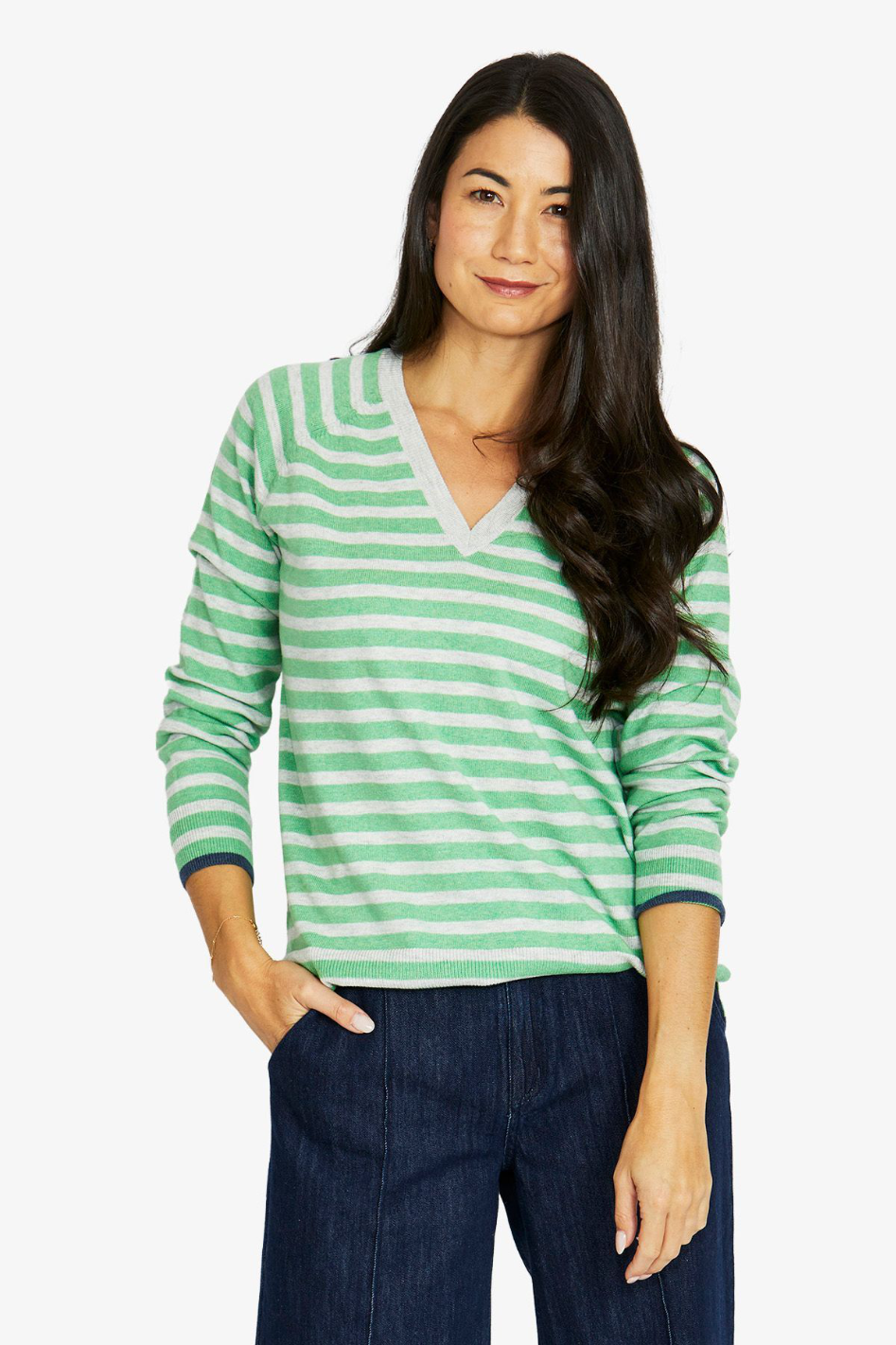 Jump Duo Stripe V Neck in Green Tea and Grey