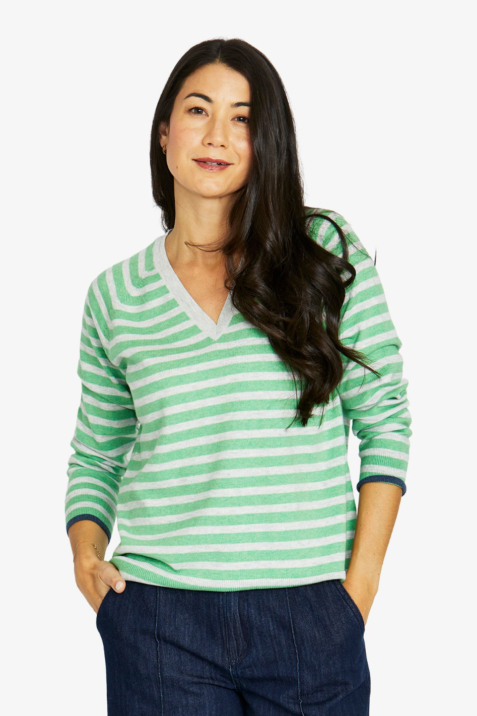 Jump Duo Stripe V Neck in Green Tea and Grey