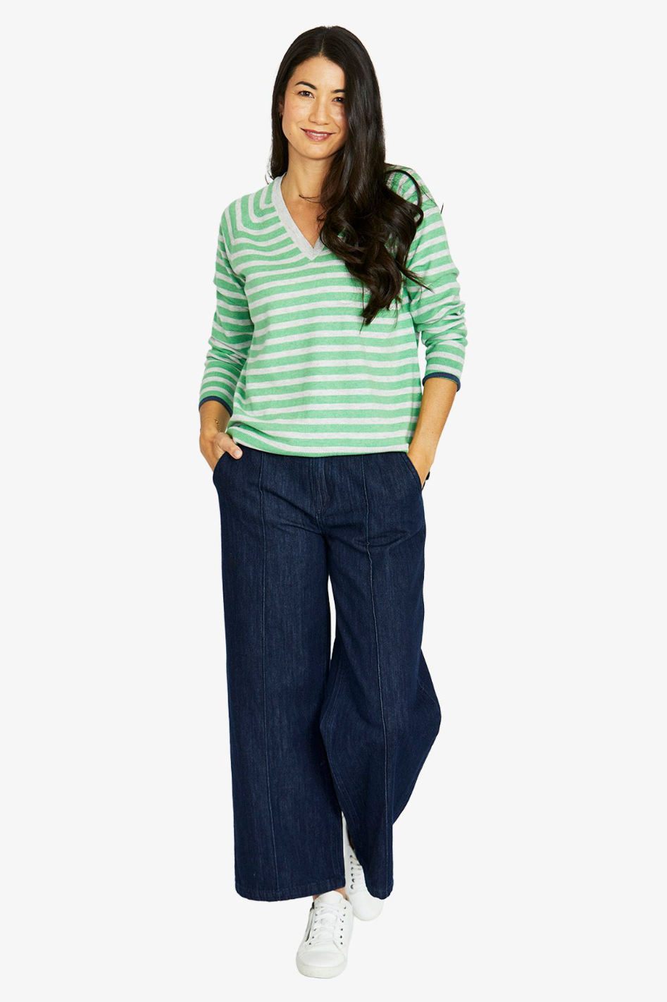 Jump Duo Stripe V Neck in Green Tea and Grey