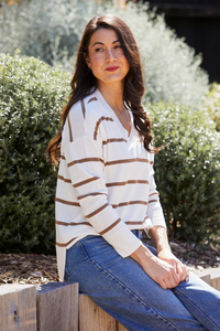 Jump Stripe V Neck Pullover | Vanilla/Hazel | 60611052A