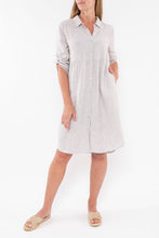 Load image into Gallery viewer, Jump Striped Linen Dress in Stone and White Sleeves Up
