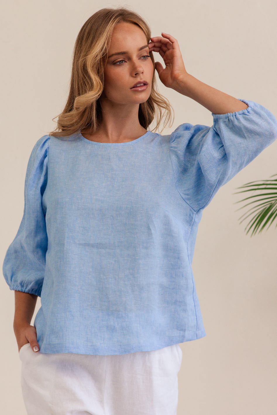 Kaleido Linen Elbow Sleeve Top | Chambray