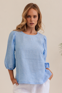 Kaleido Linen Elbow Sleeve Top | Chambray