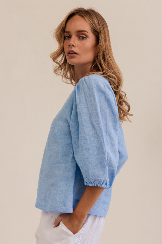 Kaleido Linen Elbow Sleeve Top | Chambray