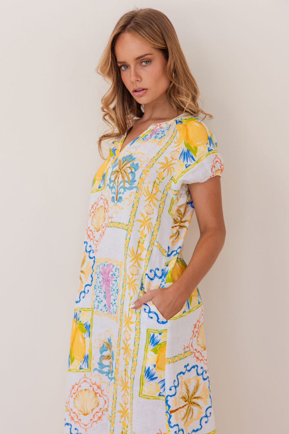 Kaleido Linen Short Sleeve Dress | Amalfi Dreams