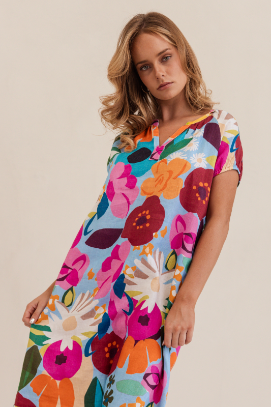 Kaleido Linen Short Sleeve Dress | Bloom Burst
