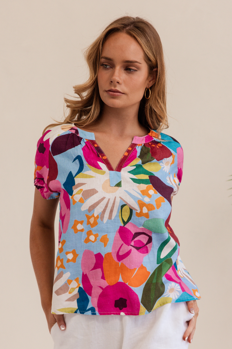 Kaleido Linen Short Sleeve Top | Bloom Burst