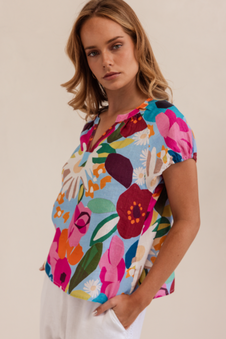 Kaleido Linen Short Sleeve Top | Bloom Burst