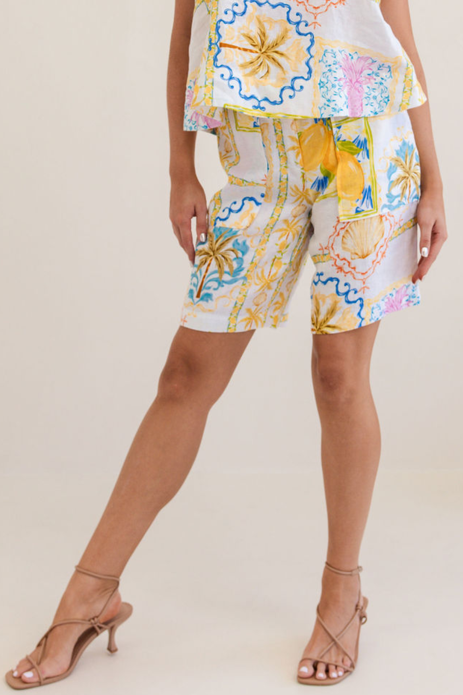 Kaleido Linen Elastic Waist Pocket Midi Short | Amalfi Dreams