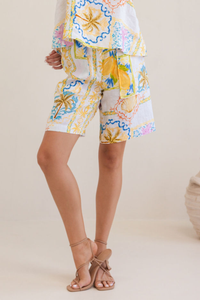 Kaleido Linen Elastic Waist Pocket Midi Short | Amalfi Dreams