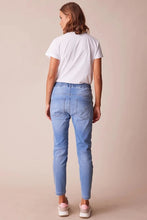 Load image into Gallery viewer, Casual jean with elasticated waist and adjustable drawstring tie. Novelty tape at the outside leg. Soft handle &amp; distressed finish achieved by special garment wash.
