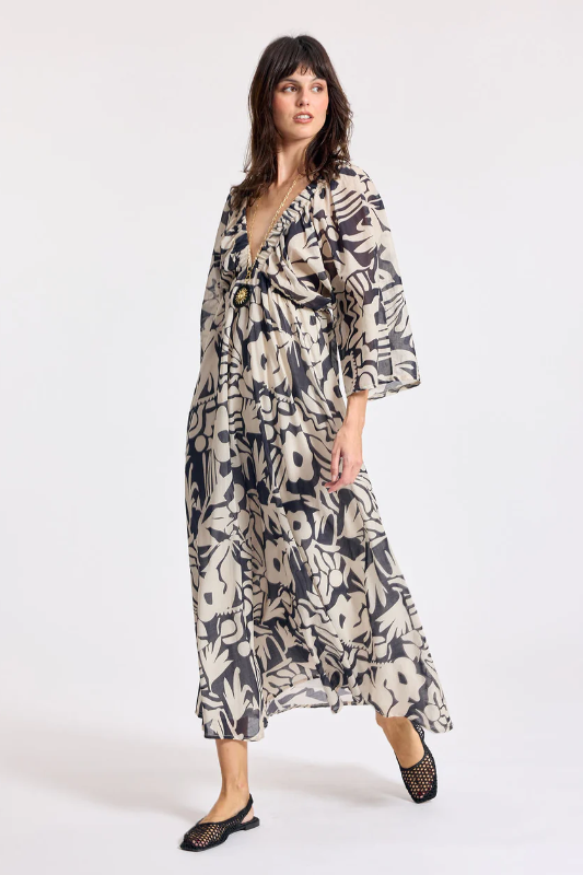 Lauren Vidal Licia Long V-Neck Dress | Black/Ecru