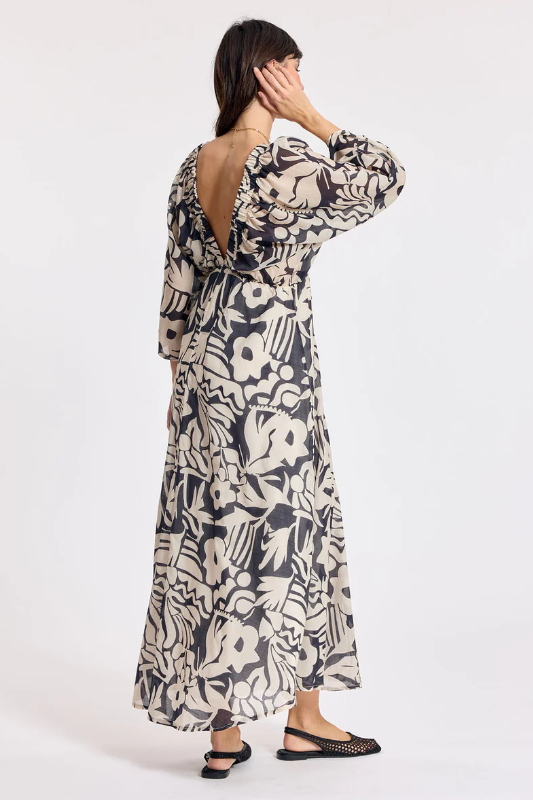 Lauren Vidal Licia Long V-Neck Dress | Black/Ecru