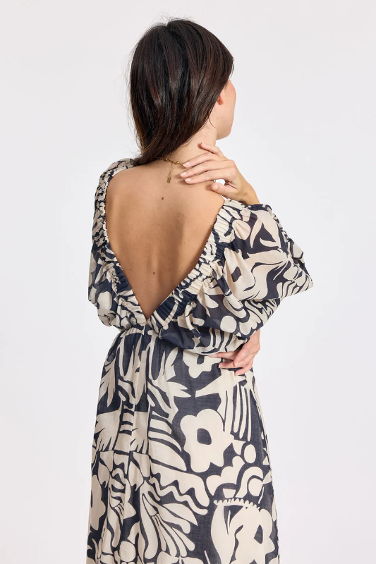 Lauren Vidal Licia Long V-Neck Dress | Black/Ecru