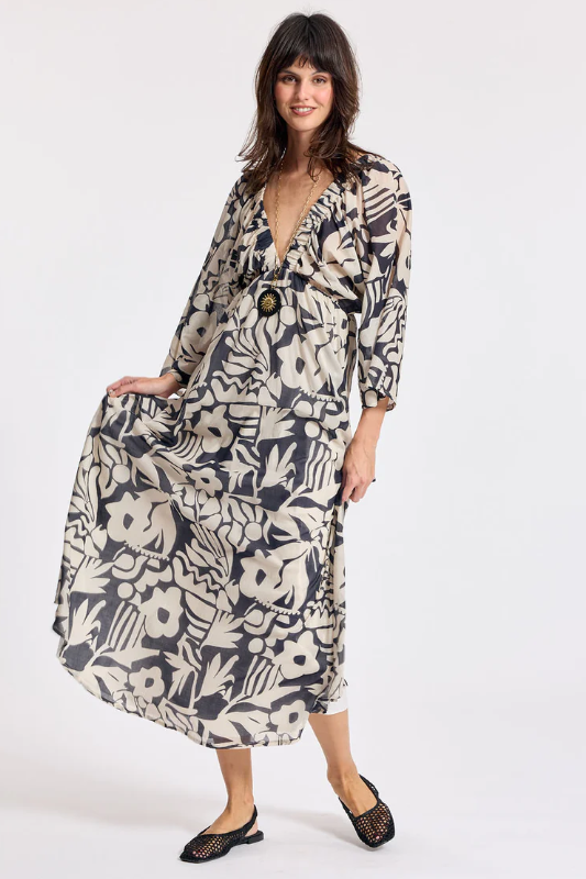Lauren Vidal Licia Long V-Neck Dress | Black/Ecru