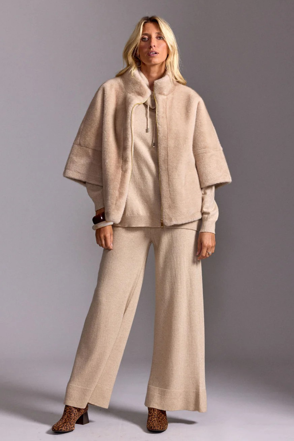 Lauren Vidal Melo 3/4 Sleeve Faux Fur Jacket | Beige